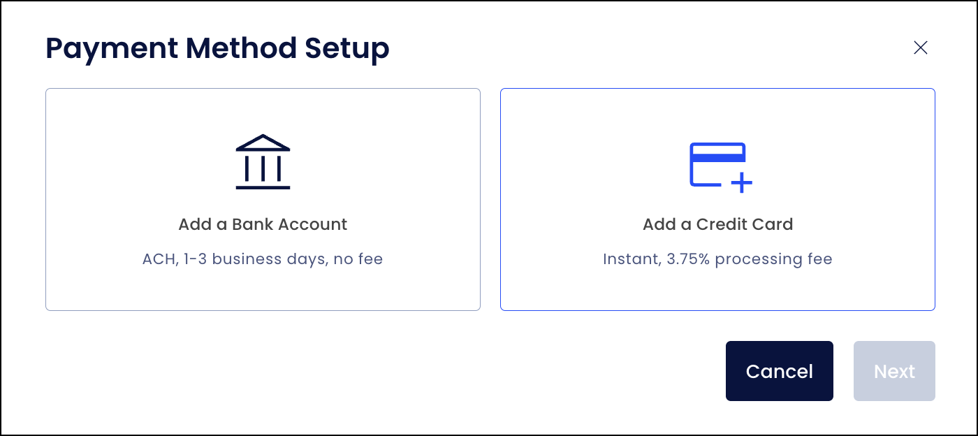 Select a payment method. Options include adding a bank account or credit card.