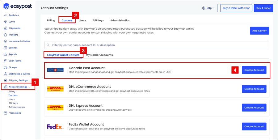 Steps to create a Canada Post Wallet Account in the EasyPost web UI