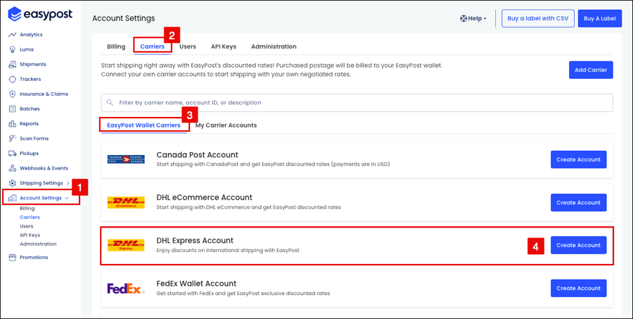 Steps to create a DHL Express Wallet Account in the EasyPost web UI