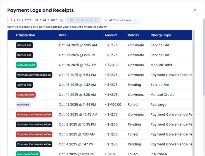 Example of the Payment Logs component