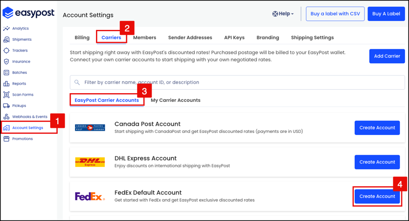 Steps to create a FedEx Default Account in the EasyPost web UI