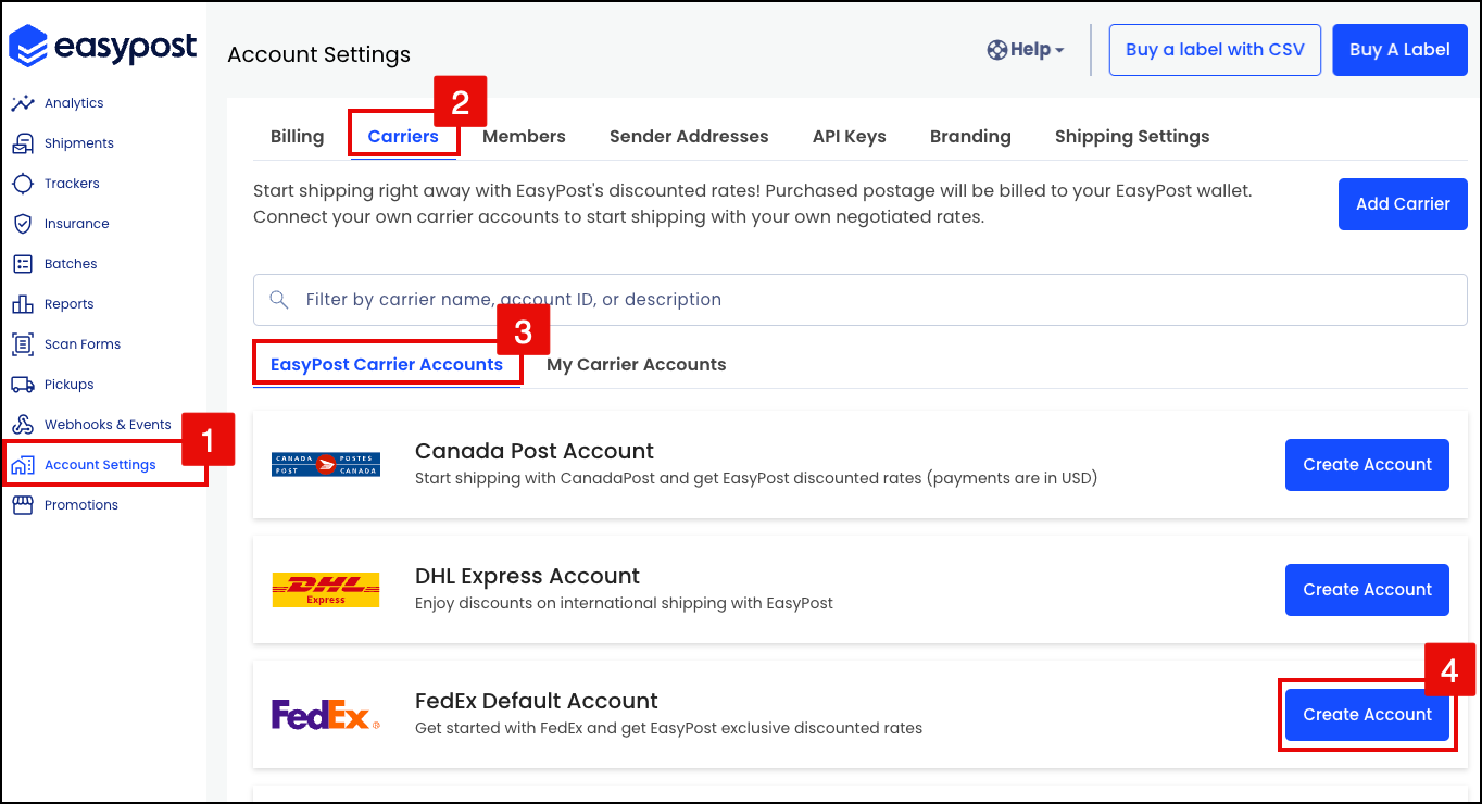 Steps to create a FedEx Default Account in the EasyPost web UI