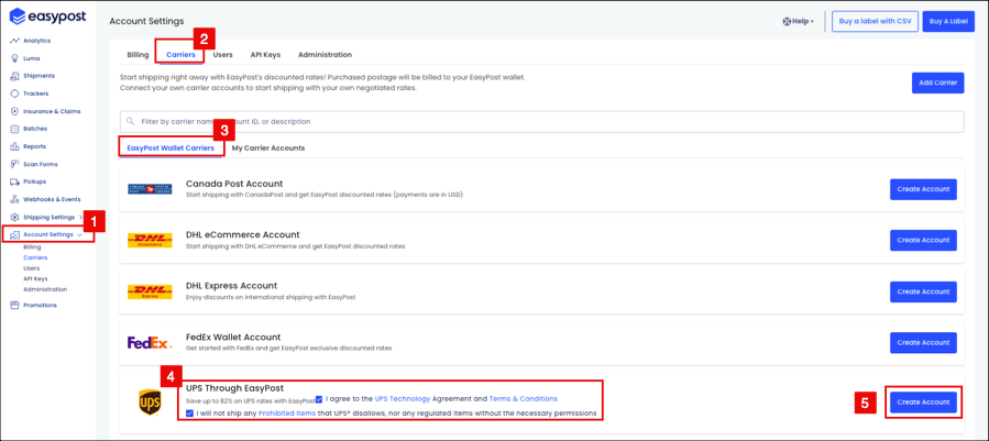 Steps to create a UPS Wallet account in the EasyPost web UI