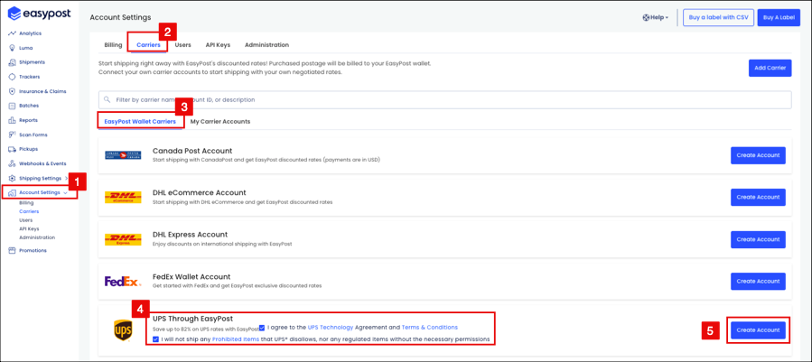 Steps to create a UPS Through EasyPost account in the EasyPost web UI